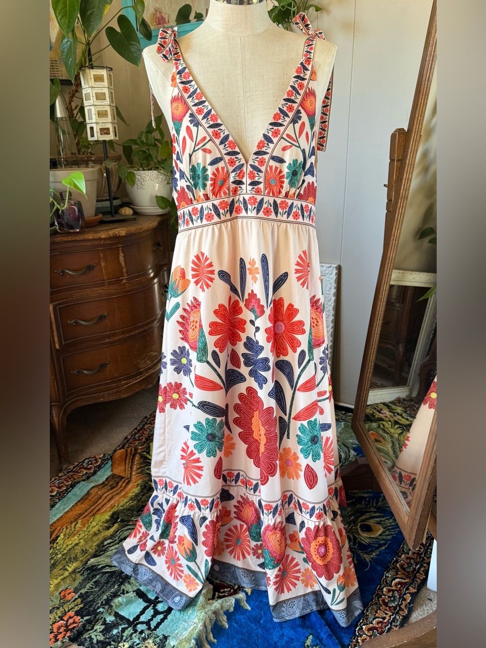 Boho Floral Maxi Dress in Cream with Multicolor Flowers, XL